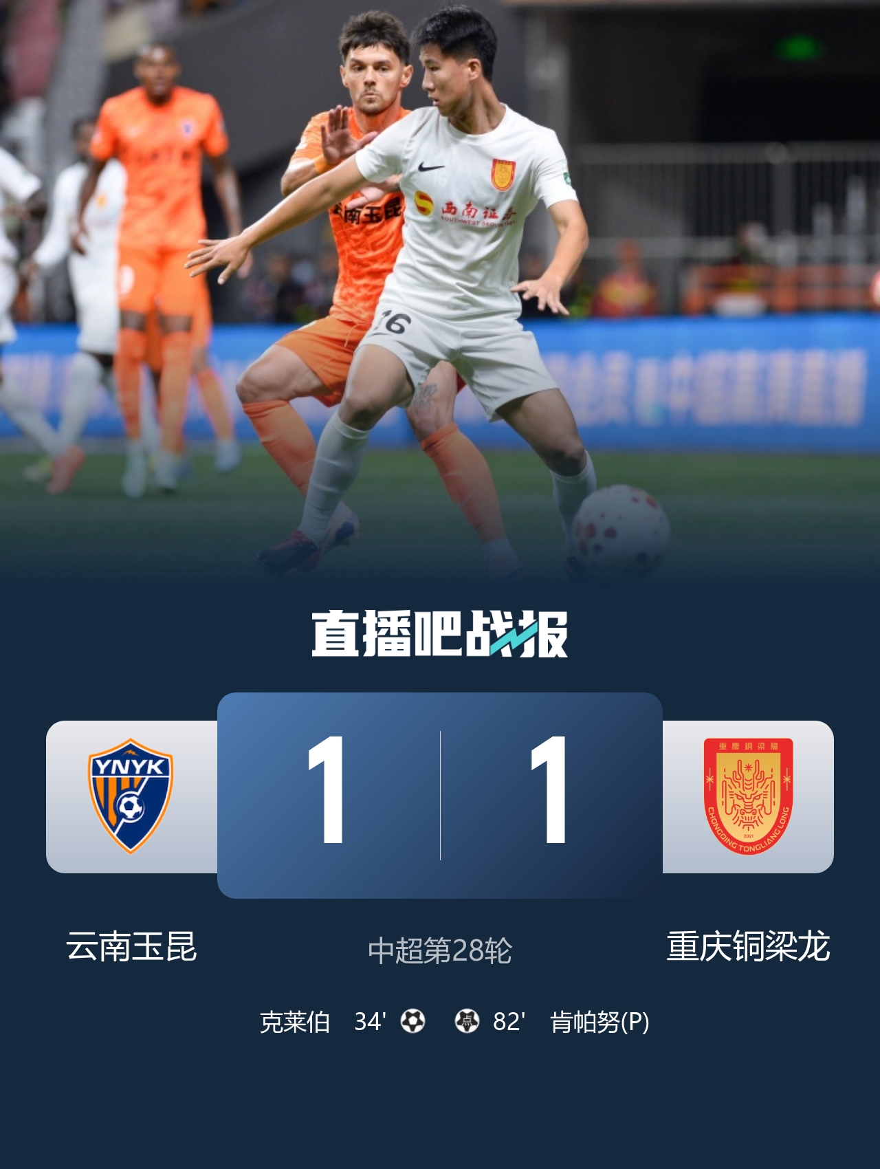 云南玉昆1-1战平重庆铜梁龙 卡约助攻克莱伯破门 肯帕努点射扳平 云南玉昆1-1战平重庆铜梁龙 卡约助攻克莱伯破门 肯帕努点射扳平
